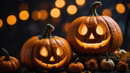 Fototapeta premium Design of realistic pumpkins with halloween faces