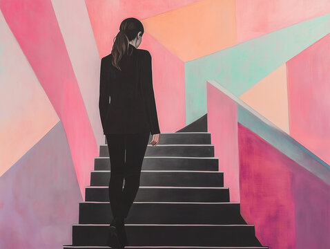 Une femme en costume monte les escaliers, dessin g&eacute;om&eacute;trique repr&eacute;sentant la vie professionnelle, avec ascension sociale et &eacute;chelon hi&eacute;rarchique, inspiration cubisme color&eacute;