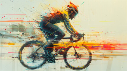 Un athlète à vélo, de profil, en compétition, peinture à l'huile minimaliste géométrique colorée dans les tons néons, pour contenus sur le sport, performances physiques, coaching sportif et cyclisme