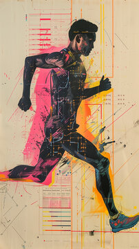 Homme athl&egrave;te marathonien ou coureur en comp&eacute;tition, peinture &agrave; l'huile minimaliste g&eacute;om&eacute;trique color&eacute;e dans les tons n&eacute;ons, pour contenus sur le sport, performances physiques et coaching sportif