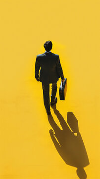 Vue du dessus d'un homme en costume marchant avec une mallette, m&eacute;tier de commercial, comptable, dessin r&eacute;tro, illustration du monde du travail sur fond jaune