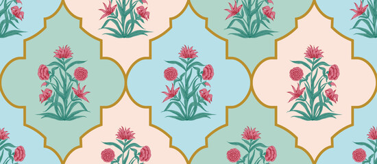 Seamless pattern with decorative floral ethnic motif and mughal art flower use for printing, wallpaper, gift paper, fabric pillow, bedsheet, textile,   
