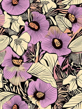 Arri&egrave;re plan repr&eacute;sentant des feuilles avec de grandes fleurs tropicales, dessin au trait contemporain avec larges traits, en noir, blanc et teintes roses, pour impression textile style r&eacute;tro 80s