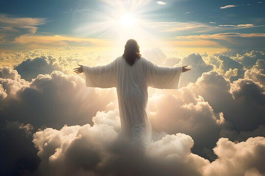 Resurrected Jesus Christ ascending to heaven.