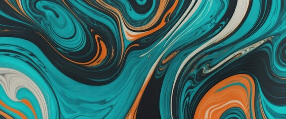 Luxurious marbling Black, paint swirls in beautiful teal and orange colors abstract background with waves