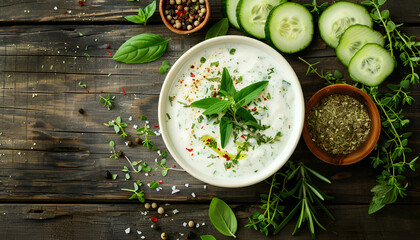 Ranch whte sauce in white bowl with cucumber, herbs and spices on old wooden table