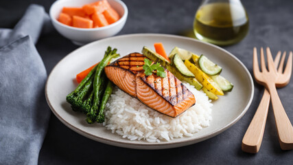 food photography of Grilled Salmon Steak with steamed vegetables and rice