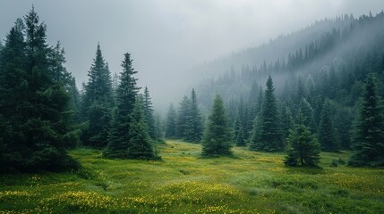 Fototapeta premium Evergreen forest in a hillside meadow in the high mountains on a cloudy summer day