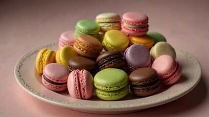 colorful macarons arranged neatly on a pastel pink ceramic plate
