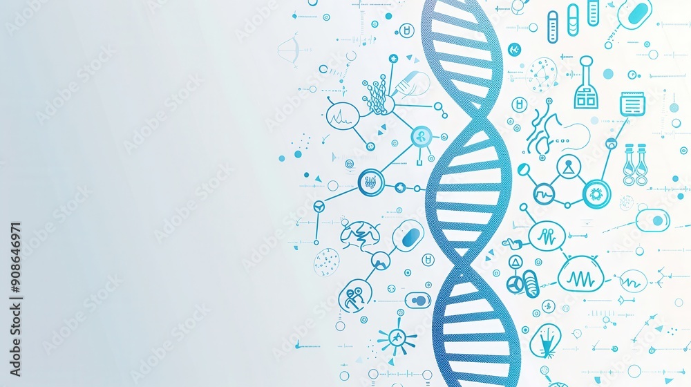 Poster a double helix dna strand is encircled by various medical icons, illustrating the connection between