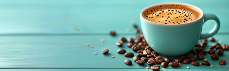 Panoramic banner with steaming cup of coffee sitting on turquoise blue table with coffee beans scattered around; morning breakfast aroma; italian beverage