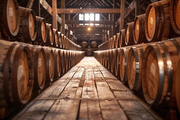 Maturing oak casks in aging warehouse