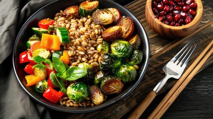 A vibrant bowl of nutritious grains and roasted vegetables. Perfect for healthy eating and plant-based meal inspiration.