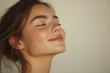 A close up of a girl's face with her eyes closed