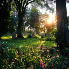 Obraz premium Peaceful forest cemetery with trees and flowers in the morning