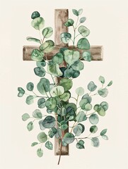 Invitation for a religious ceremony featuring eucalyptus greenery and a symbol of faith.