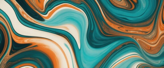 Luxurious marbling Brown, paint swirls in beautiful teal and orange colors abstract background with waves