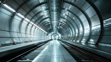 wide angle shot, photo of a futuristic abstract metro station with one track on left side with a train, complex oversized machines in front, AI Generative