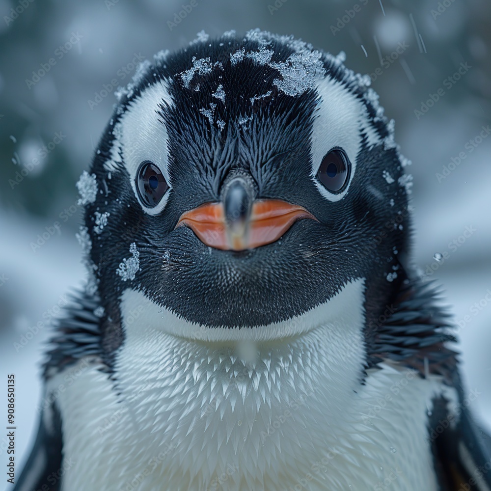 Sticker close-up portrait of a penguin in the snow