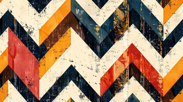 Contemporary geometric design featuring diamond, triangular, and striped motifs in a retro-futuristic aesthetic with minimalistic shapes and ikat zigzag patterns.