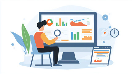 Naklejka premium SEO Concept: Digital Marketer Analyzing Backlink Profiles with Advanced Tools. Professional Strategist Optimizing Website Performance and Search Engine Rankings through Data-Driven Link Building Tech.
