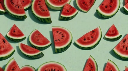 Freshly Cut Watermelon Slices Displayed Beautifully on a Light Green Background

