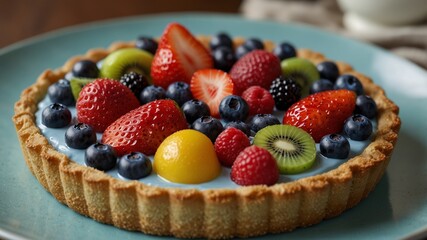 Fruit Tart with fresh strawberries, kiwis, blueberries, and raspberries