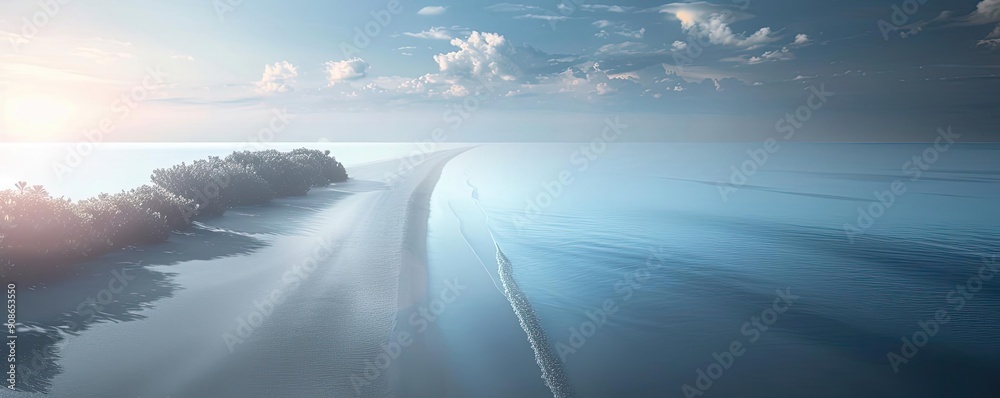 Poster a serene coastal view featuring gentle waves and soft hues, perfect for evoking tranquility and peac