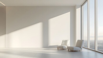 Minimalist home with a plain white wall as the backdrop, soft natural light coming through large windows, clean and uncluttered design, peaceful and serene mood