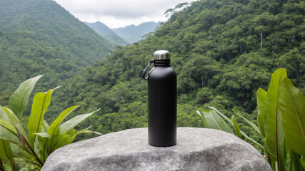 black metal stainless steel or aluminum silver water bottle in the middle of jungle nature on a rock mockup with forest background