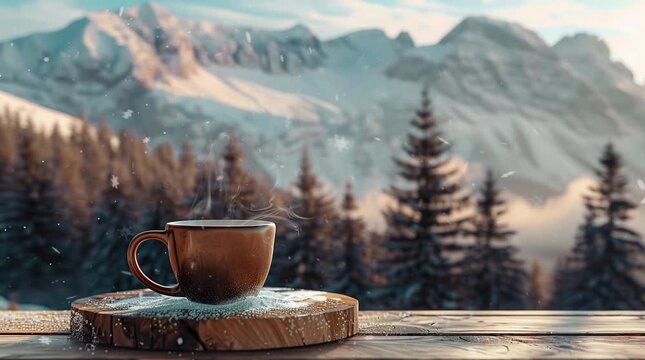 Coffee cup on top of a mountain, overlooking a breathtaking valley and pine forest landscape, creating a serene and invigorating mor Seamless looping 4k time-lapse virtual video animation Generated AI