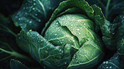 Fototapeta premium Close-up of a green cabbage with raindrops, showcasing its freshness