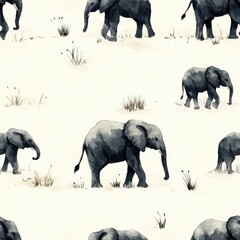 Watercolor savannas and elephants seamless repeating pattern, minimal pattern, high contrasty 