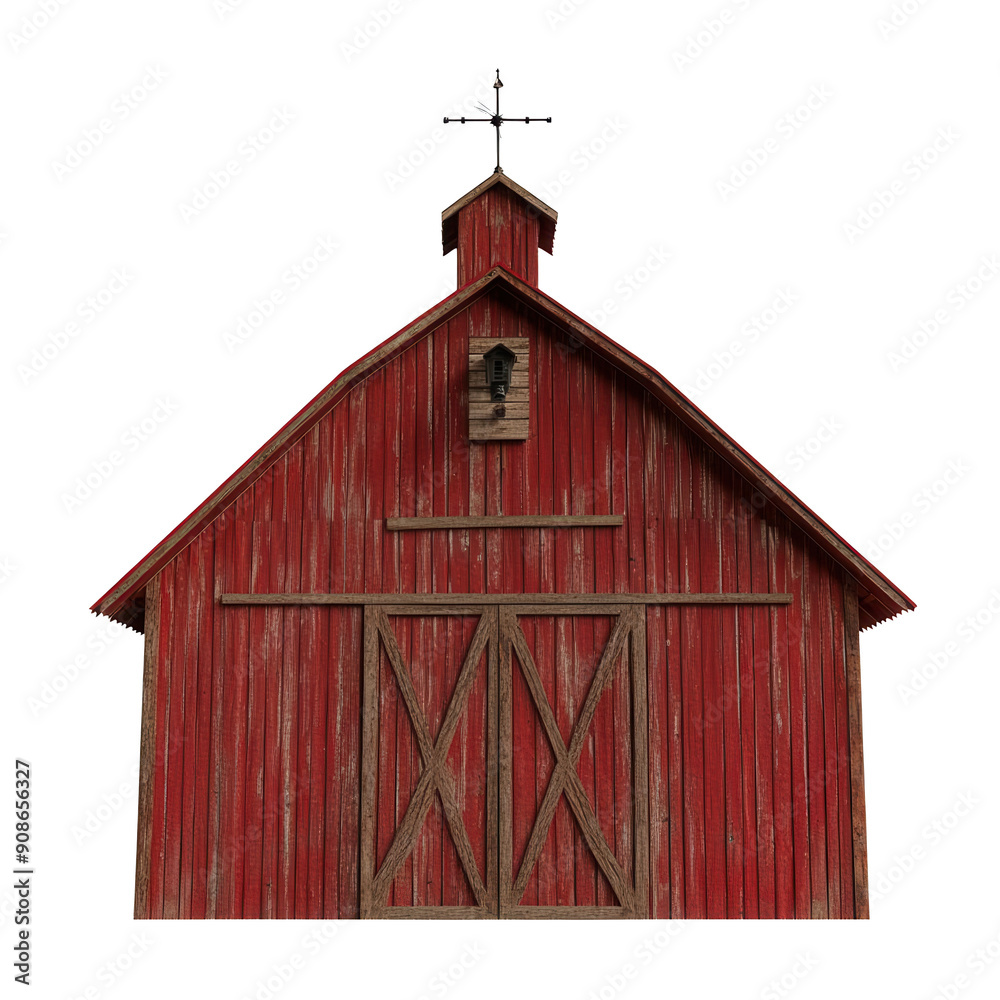 Wall mural a rustic red barn with a weather vane on top on transparent background