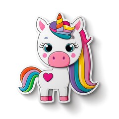 A cute cartoon unicorn with a rainbow-colored mane and tail, spiral horn, bright colors, heart-shaped cutie mark, sparkling eyes, smiling expression