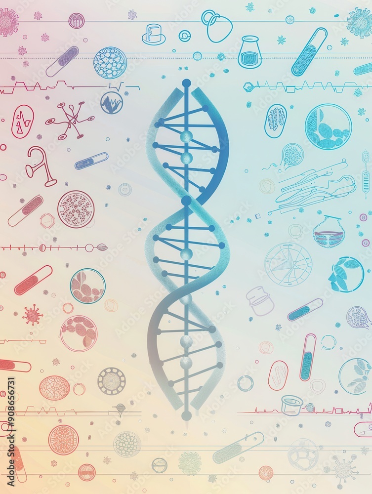 Poster a double helix dna strand is illustrated, surrounded by various medical icons representing scientifi
