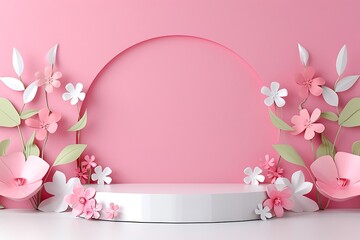Blooming Beauty: A pristine white podium amidst a pastel pink paradise, adorned with delicate paper flowers, creating a dreamy stage for product display. 