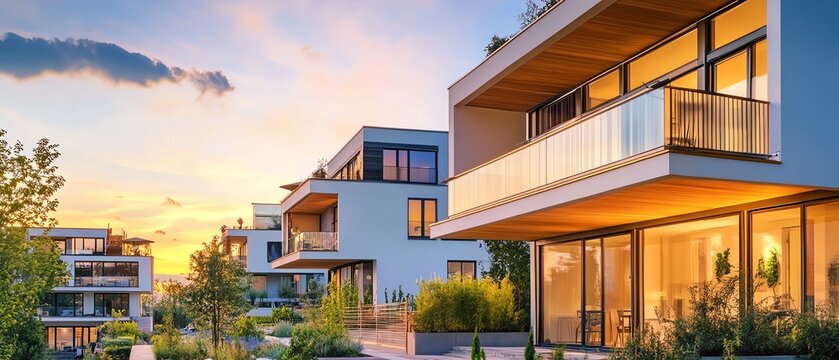 Modern architecture featuring beautiful homes at sunset, showcasing elegant design and serene landscaping.