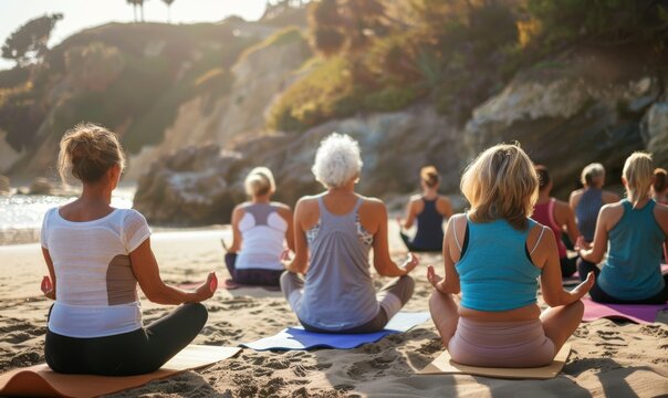 Group of senior women doing yoga on the beach
