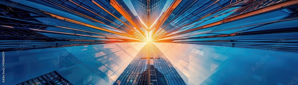 Poster a stunning view of skyscrapers with vibrant light beams streaming from the center, creating a dynami