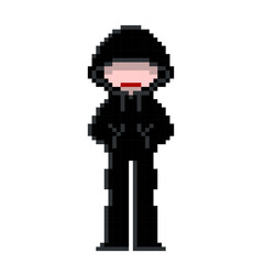 黒パーカーのフードを深くかぶったハッカー風怪しい人のかわいいドット絵