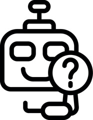 Happy robot holding a magnifying glass is searching for a solution to a problem