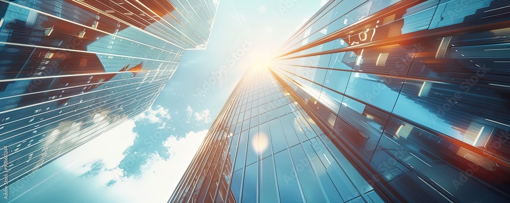 Poster stunning view of skyscrapers reaching towards the sky, illuminated by the bright sunlight, creating 