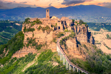 Bagnoregio, Italy. Civita di Bagnoregio, hilltop town founded by Etruscans in Valle dei Calanchi, Viterbo province, Lazio region.