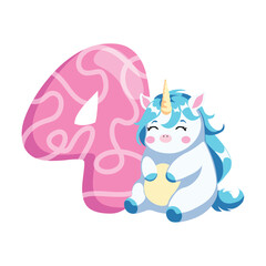 birthday illustration for a greeting card with cute unicorn and four number flat style