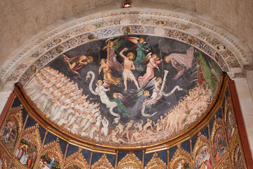 Fresco mural depicting the final judgment of Christianity on the altarpiece of the old cathedral of...