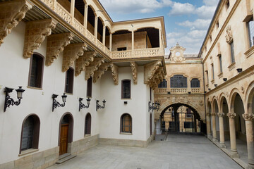 Top gallery in courtyard of the Salina or Fonseca Palace, from the 16th century, in the city of Salamanca, in Castilla y Leon, Spain. Public and free access without ticket office or entrance