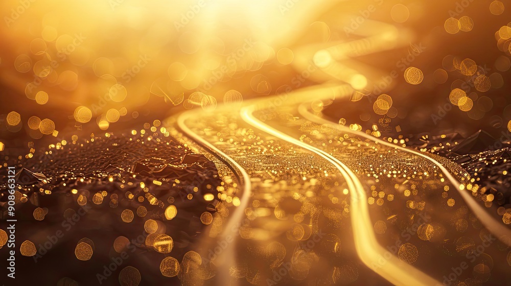 Poster A winding path glistens under golden sunlight, creating a serene and inviting atmosphere in a tranquil landscape.