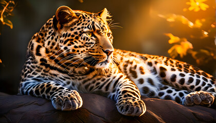 Leopard in a Calm and Relaxed Pose Close-Up During a Beautiful Sunset, Resting Gracefully on a Sunlit Rock