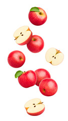 Falling Red juicy apple isolated on white background, full depth of field